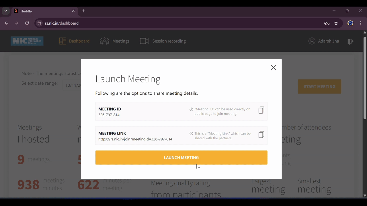Screenshot of the 'Launch Meeting' pop-up showing Meeting ID and Meeting Link.